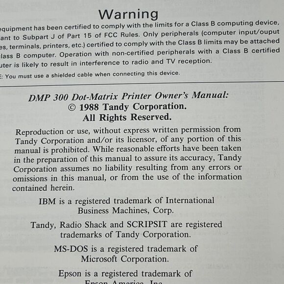 Vintage 1988 Tandy DMP 300 Dot Matrix Printer Manual - Picture 4 of 9
